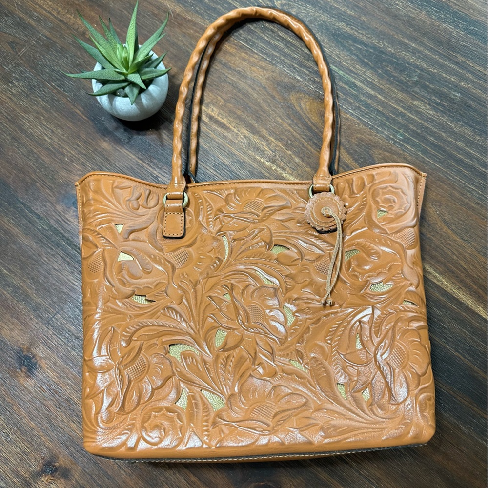 Adeline Cognac Tan Brown Gold Tooled Cutout Leather Satchel shoulder tote bag